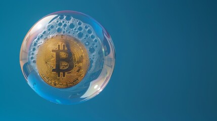 Poster - Investing in bitcoin is risky and dangerous. Bitcoin in a soap bubble on blue background.