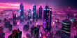 Skyscrapers light up the sky in a vibrant purple and pink cityscape