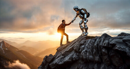 Wall Mural - a robot helps a man climb a mountain. robotization. concept: neural network assistance, robots helpi