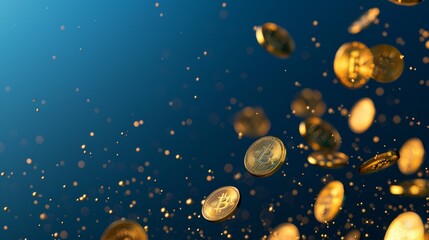 Poster - A falling bitcoin coin on a blue background. The Bitcoin background. Abstract.