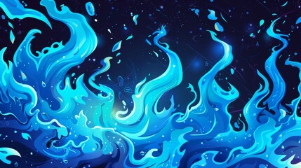 A modern background with a blue fire effect or cartoon water comics. A dynamic flame texture pattern with a sea or ocean splash flow theme. An isolated river swirl surface frame illustration.