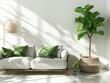3D rendering of a modern minimalist living room with a sleek gray velvet sofa, vibrant green pillows, a minimalist lamp casting geometric shadows