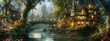fairytale fairy town in the middle of forest, decorated with flower land lantern, artful painting style illustration with grungy brush stroke texture, Generative Ai