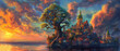 fairytale castle on small island with sunset sky, artful painting style illustration with grungy brush stroke texture, Generative Ai