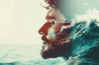 Double exposure portrait of calm thoughtful bearded man on sea coast with waves, nature concept