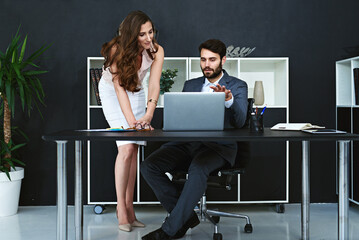 Aufkleber - Businessman, laptop and discussion with personal assistant for project deadline, schedule or tasks at office. Man or employee talking to secretary on computer for business plan, coaching or review