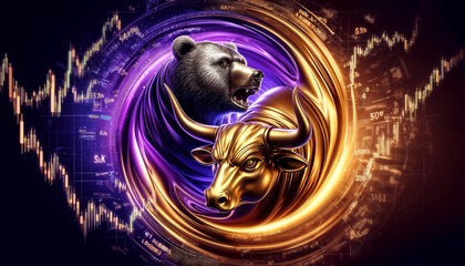 Bull vs bear, symbols of stock market trends, fierce market battle in gold and purple colors with chart.