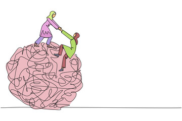 Poster - continuous one line drawing arab businesswoman helps colleague climb heavy messy circle. teamwork el