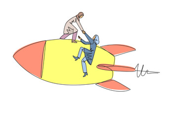 Poster - Continuous one line drawing Arab businesswoman helps colleague climb flying rocket. Metaphor help in managing company branches. Skyrocketed like the previous business. Single line draw design vector