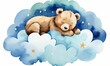 wallpaper for children, representing a little teddy bear dreaming in the stars, sleeping on a cloud