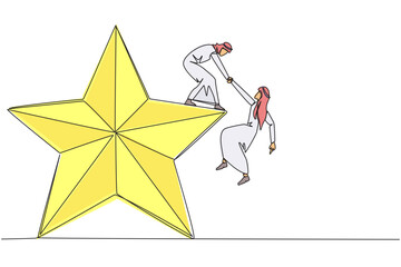 Poster - Single one line drawing Arab businessman helps colleague climb big star. Metaphor of achieving dreams of success together. Have a very good career position. Continuous line design graphic illustration