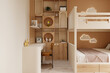 © CGI - Modern wooden children bedroom with bunk bed in white and a table with chair