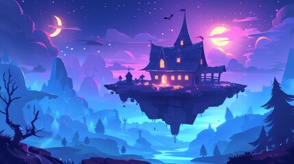 Wall Mural - Dark medieval halloween hut scenery modern fable illustration. Magic path to house on fantasy floating platform in sky landscape.