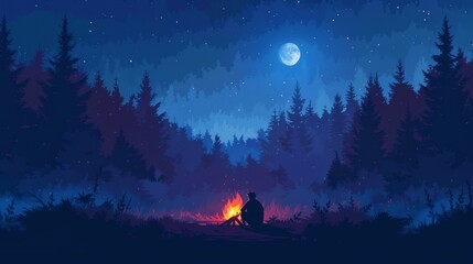 Wall Mural - In the forest at night near a fire on meadow landscape illustration with full moon in the dark sky. Travel scene in paradise valley painting. Tourist lost alone in paradise valley painting.