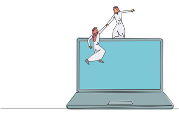 Poster - Continuous one line drawing Arabian businessman helps colleague to climb a big laptop. Help create applications to develop business online. Great teamwork. Single line draw design vector illustration