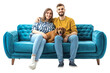 © PixelXpert - Young couple sitting with a dog on a modern sofa Isolated on transparent background.