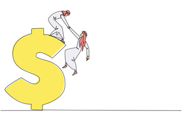 Poster - Continuous one line drawing Arab businessman helps colleague climb dollar symbol. Desire to develop business together. Super great teamwork. Cohesiveness. Single line draw design vector illustration
