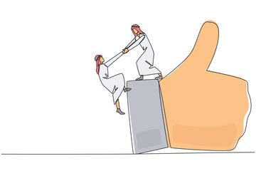 Poster - Single continuous line drawing Arab businessman helps colleague climb big finger gesture thumbs up. Working together towards success. Positive vibes. Cohesiveness. One line design vector illustration