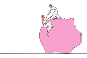 Wall Mural - Single one line drawing Arab businessman helps colleague climb piggy bank. Remind each other in kindness. Investment for the future. Super great teamwork. Continuous line design graphic illustration