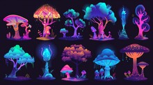 Magic Forest Mushroom And Tree Game Modern Set. Psychedelic Alien Planet World Clipart With Neon Glow. Fantastic Fluorescent Vibrant Plant Assets Collection.