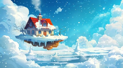Poster - An old house floating on a magic winter island in the sky. Modern illustration of a fairytale cottage on a white field of ice and snow, snowflakes on a blue sky.
