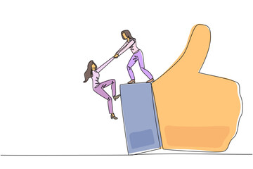 Poster - Continuous one line drawing businesswoman helps colleague climb finger gesture thumbs up. Working together towards success. Positive vibes. Cohesiveness. Single line draw design vector illustration