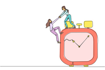 Poster - Single continuous line drawing businesswoman helps colleague climb the big alarm clock. Helping coworkers. Deadline is coming. Work together for better end result. One line design vector illustration