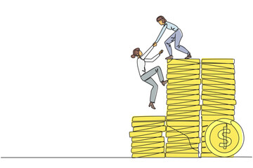 Poster - Continuous one line drawing businesswoman helps colleague climb pile of coins. Metaphors help achieve financial target before entering retirement. Teamwork. Single line draw design vector illustration