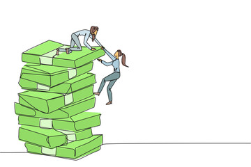Poster - Continuous one line drawing businesswoman helps colleague climb large pile of banknotes. Contagious success. Share tips for success. Teamwork bonus. Cohesiveness. Single line draw vector illustration