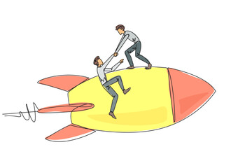 Poster - single continuous line drawing businessman helps colleague climb flying rocket. metaphor help in man
