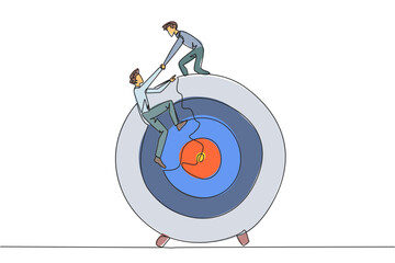 Poster - Continuous one line drawing businessman helps colleague climb arrow board target. Metaphors help focus on completing tasks one at time. Success together. Single line draw design vector illustration