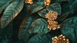 A macro photograph of golden female accessories positioned on a green leaf