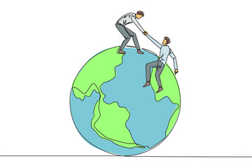 Poster - single one line drawing businessman helps colleague climb the big globe. the metaphor of reaching to