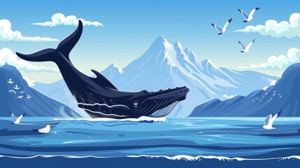 Wall Mural - The image shows a humpback whale diving in ocean bay, mountain landscapes on the horizon, and seagulls hovering above. Modern cartoon illustration of marine mammals diving in ocean bay, wildlife