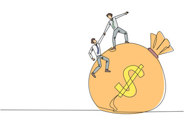 Poster - Single continuous line drawing businessman helps colleague to climb the money bag. Collaborate to gain mutual benefits. Stronger together. Great teamwork. Cohesive. One line design vector illustration