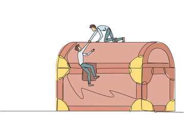 Poster - Continuous one line drawing businessman helps colleague climb a large treasure chest. Get extraordinary profits. Share equally. Stronger together. Reward. Single line draw design vector illustration