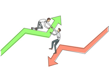Poster - Single continuous line drawing businessman helps colleague climb arrow symbol. Teamwork to raise a better level together. Best partner ever. Maintain cohesiveness. One line design vector illustration