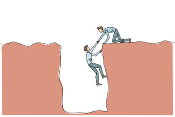 Poster - single one line drawing businessman helps colleague climb a wide hole. teamwork helps colleagues who