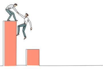Poster - Continuous one line drawing businessman helps colleague climb bar graph. Helping to climb to higher ground. Move forward and success together. Teamwork. Single line draw design vector illustration