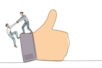 Poster - Single continuous line drawing businessman helps colleague climb big finger gesture thumbs up. Working together towards success. Positive vibes. Cohesiveness. One line design vector illustration