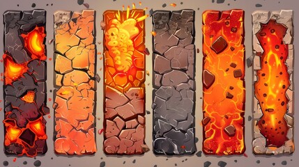 Poster - the rock with lava texture of the game interface. volcano board crack ui button. an icon collection 