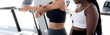 Coach or instructor training woman workout with warm up and stretch muscle arm in fitness gym, woman in sportswear practicing exercise with sport with trainer, sport and motivation for health.