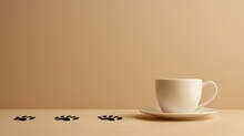 Cat Paw Prints Leading To A Minimal Coffee Cup On Pastel Beige Backdrop