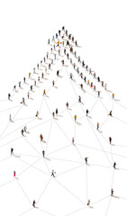 Aerial view of people connected with line and forming arrow symbol, moving forward with determination and purpose. Concept of coordination. innovation, cooperation, business