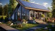 © Xfinity Stock - Modern eco-friendly house with solar panels, surrounded by lush greenery at sunset.