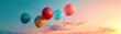 Playful balloons escaping into a pastel sunset sky