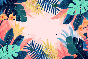  Tropical background with palm leaves and hibiscus flowers. Flat vector illustration.