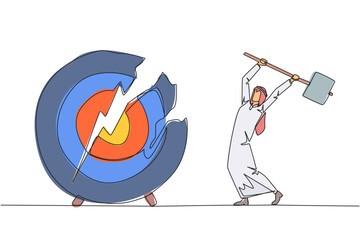Poster - single one line drawing arabian businessman preparing to hit a big target arrow board. rampage. fail