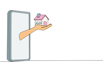 Poster - Single continuous line drawing hands come out from middle of smartphone holding a miniature house. Getting best asset in the form of a house from business result. One line design vector illustration