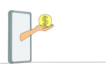 Aufkleber - Continuous one line drawing the hand comes out from the middle of the smartphone holding the coin. No need to pay a fortune because get lots of discounts. Single line draw design vector illustration